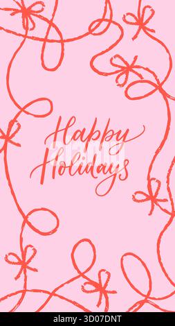 Vertikales Banner mit rosa und roten Schleifen. Vektorbleistift oder Kreide Hand gezeichneter Hintergrund mit Seil. Einladung zur Weihnachtsfeier, Poster, gre Stock Vektor