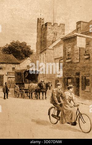 1897 Radfahrer auf einem Tandem und einem Lieferwagen in Maidstone, Kent, Großbritannien. Stockfoto