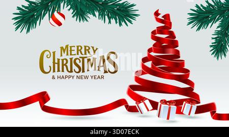 Festliche frohe Weihnachten und Happy New Year Hintergrund mit elegantem Band Weihnachtsbaum und Geschenkboxen. Vektorabbildung Stock Vektor