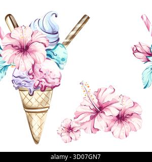 Lebendige Hintergrundtapete mit nahtlosem Muster für den Sommer mit Eiskegeln, die mit Hibiskusblüten verziert sind, für festliche und Urlaubsstimmung Stock Vektor