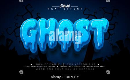 Illustration Für Ghost Text-Effekt. Editierbarer grafischer Stil mit Nachtblau Typografie-Schriftzug auf gruseligem Friedhof Halloween Hintergrund. Skalierbarer Vektor Stock Vektor