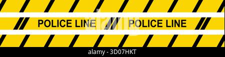Warnbänder der Polizeilinie mit diagonalen schwarzen Streifen auf gelbem Hintergrund für die Grenzen des Tatorts. Barrierefarbenelement für Strafverfolgungsbehörden, s Stock Vektor
