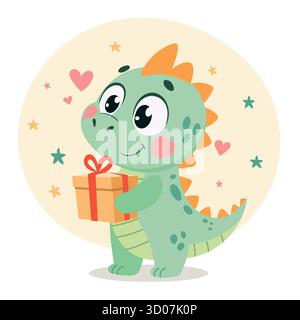 Niedlicher Dinosaurier-Drache, hält Geschenkbox Illustration für Kinder, Illustration für Kinder, Vektor Clipart Stock Vektor