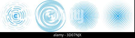 Blauer radialer konzentrischer Kreis. Gerissene, gestrichelte und gepunktete Ringe für Epizentrum, Ziel, Radar, Tsunami, Erdbeben-Symbol. Erfassung von Schallwellensignalen. Vektorwellige expansive Vibrationselemente Stock Vektor