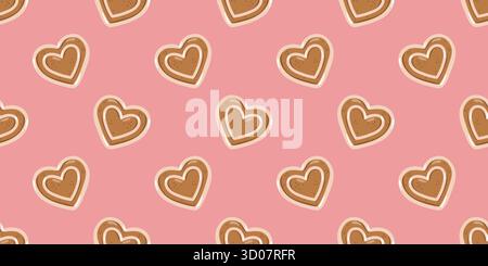 Nahtloses Muster mit herzförmigen Lebkuchenkeksen auf rosa Hintergrund. Vektor süßer Dessert Hintergrund. Stock Vektor
