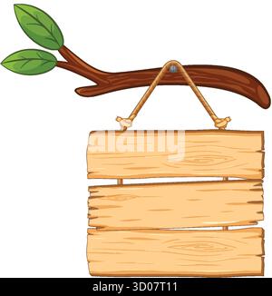 Rustikales hölzernes Schild, das am Baumzweig hängt, Vektorillustration mit natürlichen Farben und klaren Linien. Stock Vektor