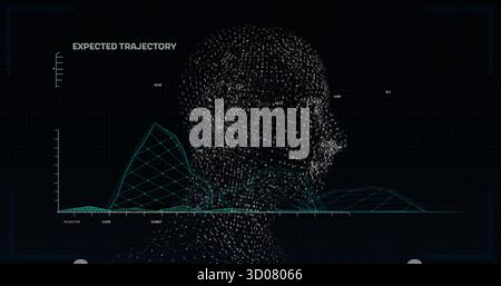 Anzeigen eines Drahtmodellkopfs aus Binärziffern in der Datenanalyse-Schnittstelle mit 3D-Netzdiagramm. Technologie, Datenvisualisierung, künstliche Intelligenz Stockfoto