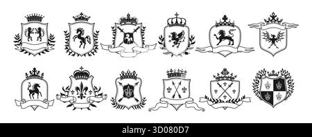 Set mit Wappen, Logos für fertige Symbole. Heraldisches Wammvektorset. Heraldik Tiere Adler, Löwe, Schwerter und Pfeile, Bänder, Kränze, Kronen, Lilienblüte. Mittelalterliches Blazonwappen Stock Vektor