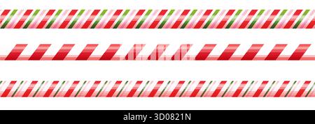 Zuckerrohr-Rand weihnachtsdekoration, Weihnachten süße nahtlose Dekoration. Streifen grün, rot und rosa Farbe, dünn und dick. Retro-Stick, Lutscher, Zuckerrohr. . Vektorabbildung Stock Vektor