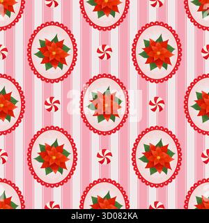 Coquette-Stil nahtloses Weihnachtsbaumstern-Muster mit Rahmen auf gestreiftem Hintergrund. Niedliche Vektor-Illustration Stock Vektor