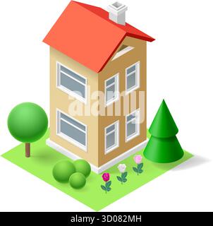 Ein wunderschönes isometrisches Gebäude mit einem orangefarbenen Dach, umgeben von Bäumen, Gras und Blumen. Perfekt für Immobilien oder Hauskonzepte. Dieses zweistöckige B Stock Vektor