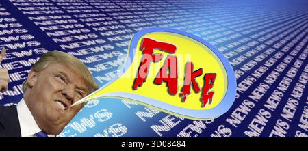 Symbolisches Image, Trump und Fake News, USA, Demokratie im Sturm, Freiheit, Individualität, soziale Gruppen, Menschlichkeit, Pressefreiheit, Journalismus, Journalisten Stockfoto