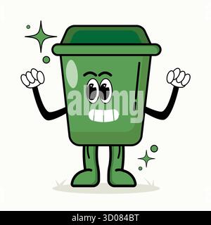 Grüner Mülleimer mit lustigen Gesichtsausdrücken. Ideal für Recycling, Abfallwirtschaft und umweltfreundliche Kampagnen Stock Vektor