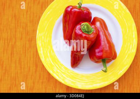 Drei rote Paprika auf einem bunten Teller Nahaufnahme Stockfoto