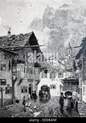 Sommerszene in der Stadt Mittenwald, um 1880, Bayern, Deutschland authentische, digital restaurierte Reproduktion eines Originals aus dem 19. Jahrhundert, kein Datum der Aufzeichnung angegeben Stockfoto