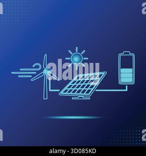 Ökosystem, Windkraftanlage, Solarmodul, Batteriespeicher, erneuerbare Energie, nachhaltige Elektrizität, saubere Energietechnologie, Umweltlösung Stock Vektor