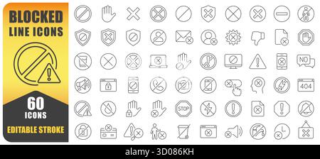 Vektorsatz Für Das Symbol „Blockiert“ Und „Sperrlinie“. Eine Sammlung von 60 dünnen bearbeitbaren Kontursymbolen mit Warnungen, Einschränkungen, Stornierungen und AC Stock Vektor