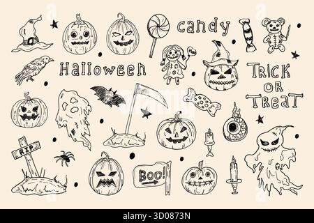 Ein Set von Elementen für Halloween-Dekoration im Stil von Scribbles. Handgezeichnete Illustrationen mit Geistern, gruseligen Kürbissen, Grabsteinen, Süßigkeiten - gruselige Elemente für Halloween-Design, Skizze, Ikone Stock Vektor