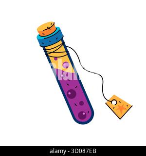 Zaubertrank im Fläschchen. Vektor-Fantasy-Elixier oder verzauberte Flüssigkeit in Glasfläschchen oder -Flaschen. Zauberer oder Hexe, Alchemie, Zauberkunst, märchenhaftes oder mittelalterliches Element. Mischung zur Heilung oder Heilung. Extrahieren. Stock Vektor