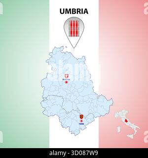 Umbrien, Italien, Regionalkarte und Symbole der Region und Städte, Vektorillustration Stock Vektor