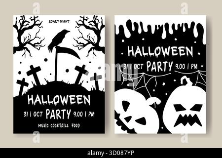 Ein Set mit Vorlagen für Halloween-Party-Einladungen mit einem Friedhof und Kürbissen. Schwarze Silhouetten auf weißem Hintergrund. Ein Layout mit Platz für Text zum Drucken von Einladungen, Postern, Flyern und Postkarten. Stock Vektor