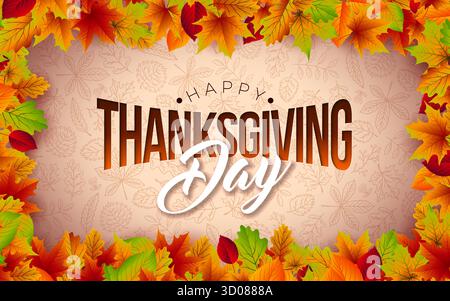 Happy Thanksgiving Grußkarte Illustration mit fallenden Blättern und Typografie-Beschriftung auf Hand gezeichnetem Doodles Hintergrund. Vintage-Vektor Im Herbst Stock Vektor