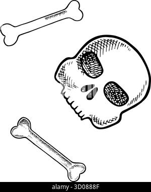 Nahtloses Muster mit Knochen und Schädeln. Schwarzweiß-Grafiken, Vektorillustration. Handgezeichnet. Für Verpackungen und Etiketten, für Textilien, Dekor Stock Vektor