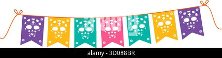 Day of the Dead Bunte Pennant Girlande am Seil mit Cut Out Sugar Skull mexikanische Feierlichkeiten Dekor. Isolierte Vektor-Illustration mexikanische Feiertage Grüße Themenkarten, Flugblätter Social Media Post Stock Vektor