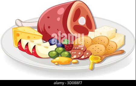 Vektor-Illustration der Wurstplatte mit Schinken, Käse, Cracker, Obst, Honig, und Oliven Stock Vektor