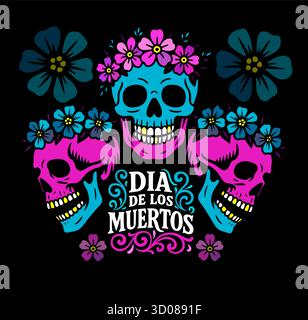 Picado-Rahmen aus mexikanischem Papel – verzierte Randausschnitte mit Totenkopfmotiven, Blumenmustern und dekorativen Kanten in blauen und rosa Farben Stock Vektor