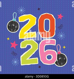 Neujahrsgruß 2026 mit festlichen Elementen und Dekorationen. Vektorabbildung Stock Vektor