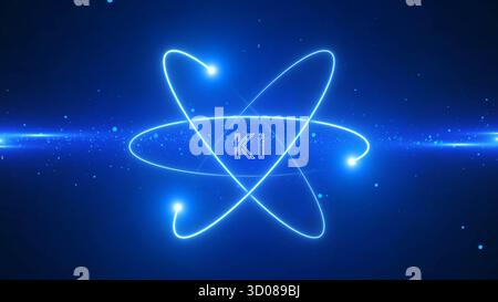 Futuristisches abstraktes Grafikdesign des Atoms mit leuchtenden blauen Linien, Punkten und KI-Text in der Mitte. Technologiekonzept für die Kernenergie Stockfoto