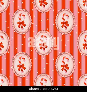 Coquette-Stil nahtlose Weihnachten Candy Stock Muster mit Bogen und Rahmen auf gestreiftem Hintergrund. Niedliche Vektor-Illustration Stock Vektor