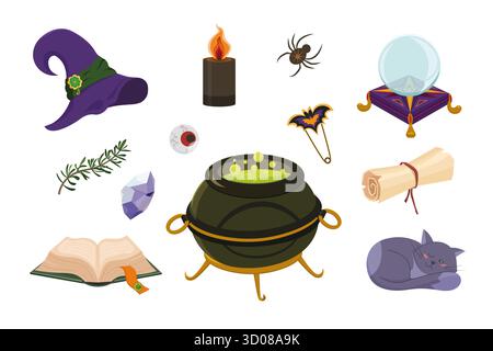 Halloween Set. Hexenkessel mit grünem Trank, magischer Kristallkugel und Zauberbuch, Zauberhut, schwarze Katze, gruseliges Auge, schwarze Kerze, alte Schriftrolle Stock Vektor