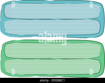 Set aus zwei horizontalen, abgerundeten, handgezeichneten blauen und grünen leeren Bannern oder Textfeldern mit gepunkteten Linien. Notieren Sie sich Papiervorlagen mit Abschnitten für Titel Stock Vektor