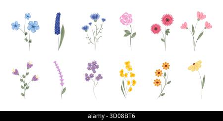 Ein Satz von zehn Aquarellen, die verschiedene Arten von Blumen darstellen. Jede Blume hat eine einzigartige Farbe und Form, wodurch eine vielfältige und schöne Kollektion entsteht. Stock Vektor