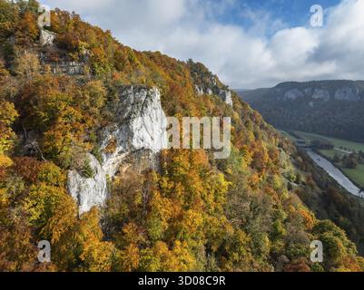 Blick auf herbstfarbenen Buchenwald mit markanten Kalksteinklippen im oberen Donautal, aus der Vogelperspektive, Sigmaringen Bezirk, Baden-Württemberg Stockfoto