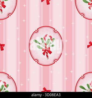 Coquette-Stil nahtlose Weihnachten Candy Stock Muster mit Bogen in einem Rahmen auf gestreiftem Hintergrund. Niedliche Vektor-Illustration. Stock Vektor