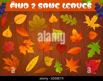 Spieltabelle für Kinder, finde zwei gleiche Herbstblätter. Cartoon Vektor Herbst Saison Puzzle Arbeitsblatt Rätsel fördert Beobachtung, Spaß und saisonales Lernen für Kinder, zeigt Baumlaub auf hölzernem Hintergrund Stock Vektor