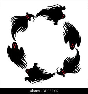Runder Rahmen aus gruseligen Geistern. Eine grafische Illustration mit einem Halloween-Motiv. Handgezeichnete schwarze Silhouette. Monochrome Kunst für einen Horrorurlaub Stock Vektor