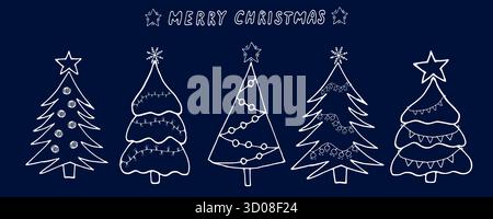 Eine Sammlung von Weihnachtsbäumen mit Girlanden, Sternen und Schneeflocken. Grafische Abbildung. Frohe Weihnachten und frohes neues Jahr! Handgezeichnete Kritzeleien Stock Vektor