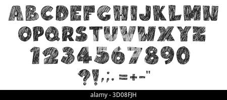 Typografie Buntstift-Kinderalphabet mit handgezeichneten Buchstaben, Zahlen von Null bis neun und Satzzeichen. Schwarze, skizzenhafte Zeichen mit rauer Textur von Pinselstrichen auf weißem Hintergrund. Stock Vektor