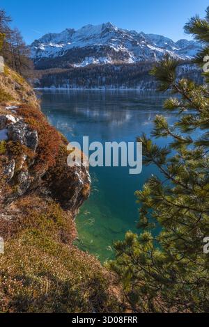 Silsersee oder Silsersee im Schweizer Engadin an einem perfekten Wintertag mit blauem Wasser und schneebedeckten Bergen. Stockfoto