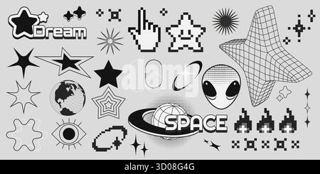 y2k-Sticker-Set mit Pixelsternen, Alien-Gesicht und Drahtmodellgeometrie für digitale Retro-Ästhetik. Schwarz-weiß-Planet Erde, funkelnde und Punktmuster. Nostalgische Designelemente. Stock Vektor