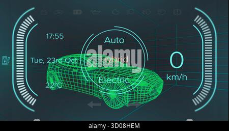 Anzeige neongrüner 3D-Drahtmodell-Limousine im Raster, Anzeige des Fahrmoduswahlschalters und Tachometerbögen Stockfoto