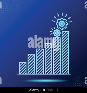 Abstraktes Balkendiagramm mit Aufwärtswachstum und leuchtenden Gängen, die Fortschritt, Innovation und Entwicklung auf blauem Hintergrund darstellen Stock Vektor