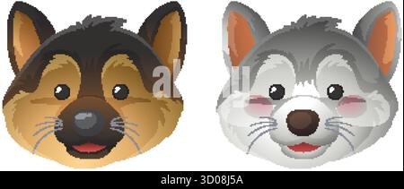 Zwei niedliche Tiergesichter, Deutscher Schäferhund und Wolf, in bunten, detaillierten Cartoon-Vektor-Stil Stock Vektor