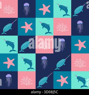 Nahtloses Karomuster mit Narwalen, Quallen, Seesternen und Korallenzweigen in Pastellblau, Rosa und Marineblau. Perfekt für Textilien, Tapeten, Kinderdekor und Geschenkpapier. Stock Vektor