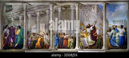 David im Saal der Arche Pitti Palast Florenz Italien von Giovanni Battista Caracciolo (Battistello) 1578–1635 17. Jahrhundert. 1816 wurde die Decke von Luigi Ademollo 1764–1849 mit Fresken versehen, als Noah mit der Arche nach Jerusalem kam. („die Bundeslade – die Arche des Zeugnisses“) ist eine goldbedeckte Holzkiste mit Deckelabdeckung, die im Buch Exodus beschrieben wird, dass die beiden Steintafeln der zehn Gebote enthalten. Stockfoto