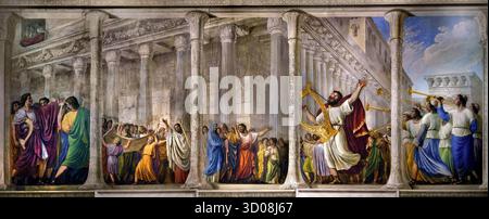 David im Saal der Arche Pitti Palast Florenz Italien von Giovanni Battista Caracciolo (Battistello) 1578–1635 17. Jahrhundert. 1816 wurde die Decke von Luigi Ademollo 1764–1849 mit Fresken versehen, als Noah mit der Arche nach Jerusalem kam. („die Bundeslade – die Arche des Zeugnisses“) ist eine goldbedeckte Holzkiste mit Deckelabdeckung, die im Buch Exodus beschrieben wird, dass die beiden Steintafeln der zehn Gebote enthalten. Stockfoto